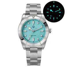 Watchdives WD7922 with light blue dial and steel bezel on the 3-link bracelet, with lume shot