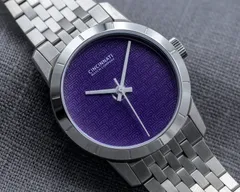 Cincinnati Watch Company Hannaford Purple, ziggurat-pattern purple enamel dial, on a seven-link steel bracelet