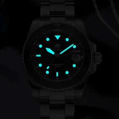 Addiesdive AD2087 black version in the dark, showing lume on hands, markers and the bezel pip