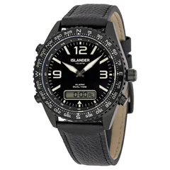 Islander Rocky Point analog-digital watch in black PVD with black dial on black leather strap