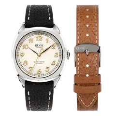 KUOE Royal Smith 90-008, Silver Case, Gold Numerals, on leather strap