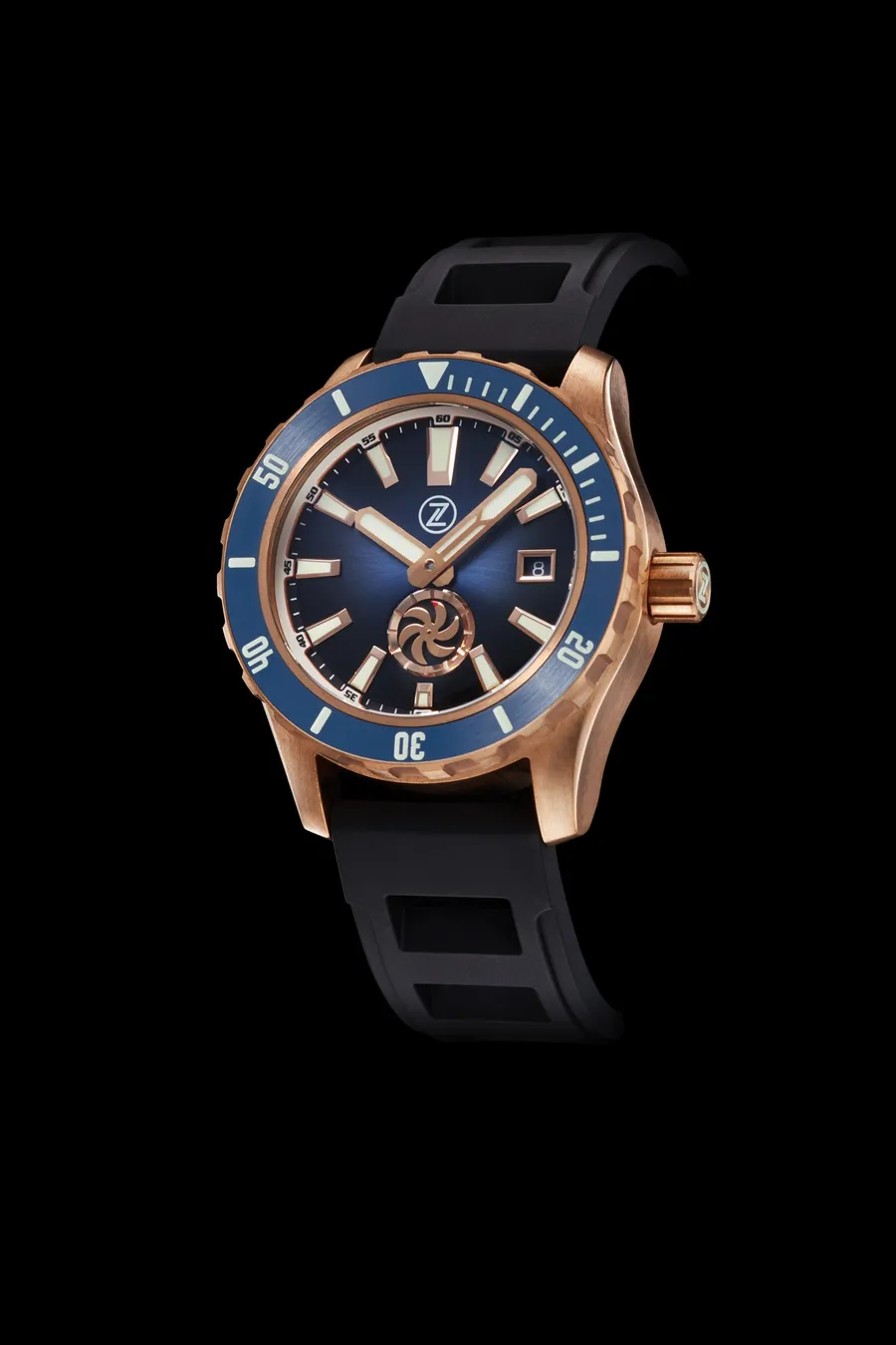 Zelos Abyss 3 3000m Bronze Turbine Midnight Blue, blue sunburst dial with turbine small seconds at 6, blue ceramic bezel, single crown, on rubber strap