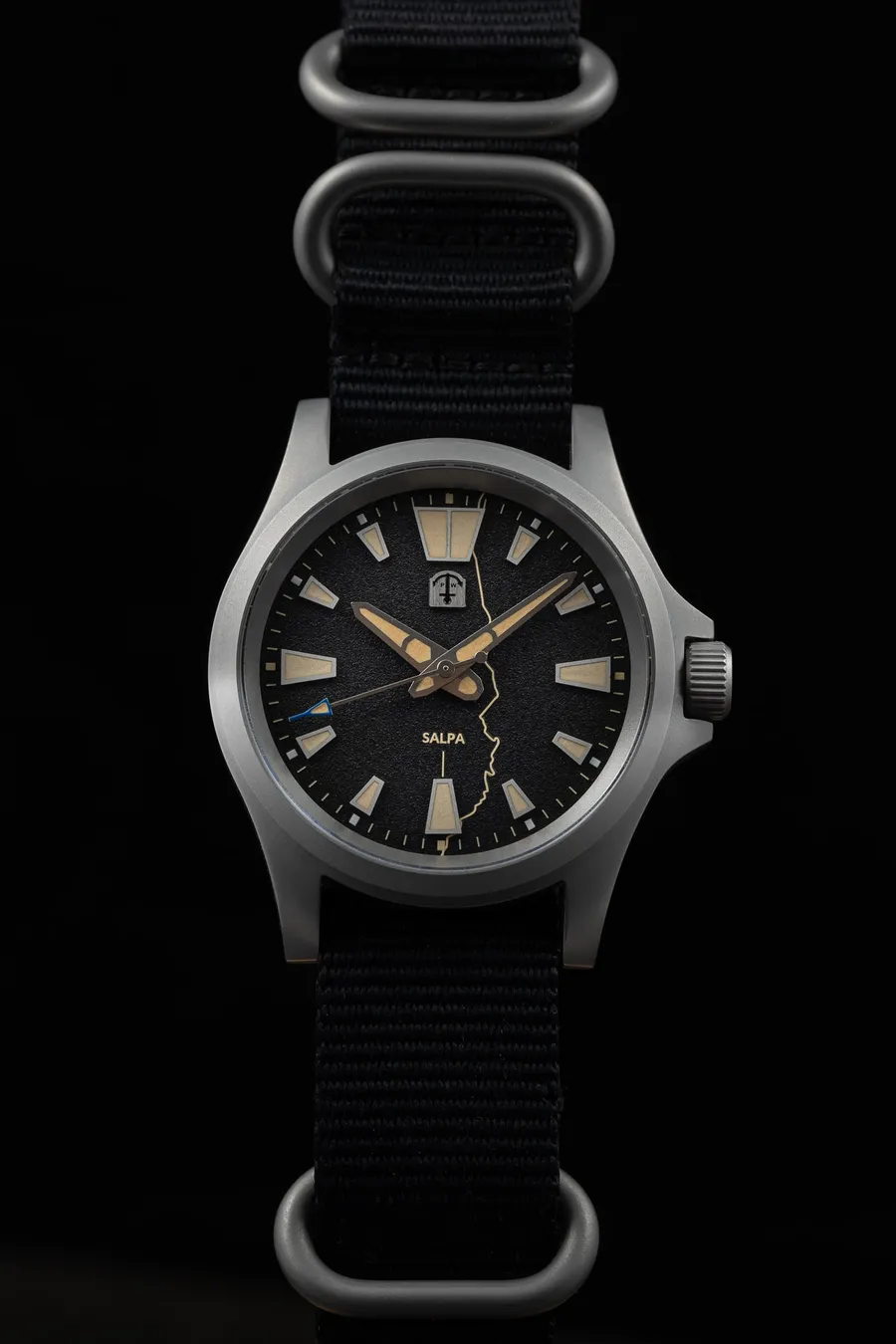 Pook Salpa with black dial and Salpa Line map print on a black nylon strap