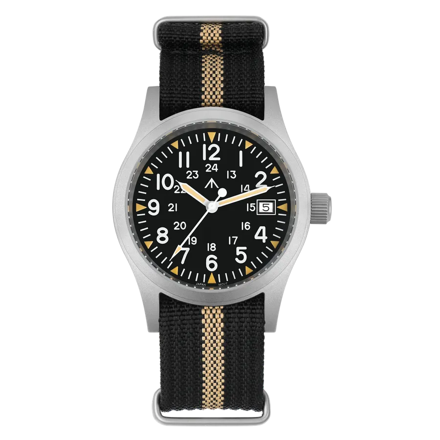 Militado ML05 (Ronda 515) with black field dial, broad-arrow logo and date at 3 on black nylon strap with a khaki stripe