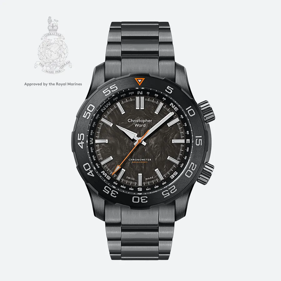 Christopher Ward C60 Lympstone, forged carbon dial on gunmetal Bader bracelet