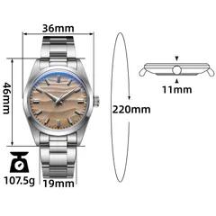 Addiesdive AD2030 dimension graphic (36mm, 46mm lug-to-lug, 11mm, 19mm, 220mm, 107.5g), shown with the no-logo desert yellow dial
