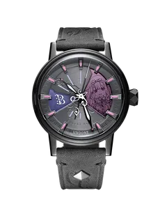 Undone hololive 6th fes. Color Rise Harmony Koseki Bijou watch with black-coated case and grey dial with lilac sectors on a grey leather strap