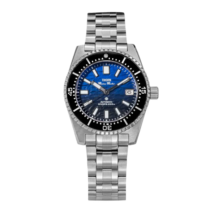 Thorn SHY042 62MAS-style diver with blue-to-black gradient textured dial, date at 3 and black bezel on the steel bracelet