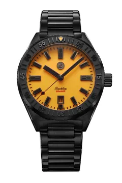 Zelos Blacktip 41mm DLC Ember, black DLC case and bracelet, fully lumed orange dial, black embossed ceramic bezel