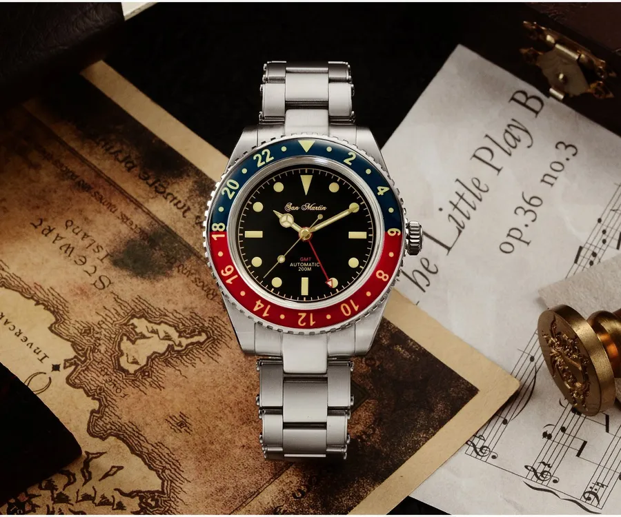 San Martin SN005-G GMT with black dial and red and blue bezel on steel bracelet