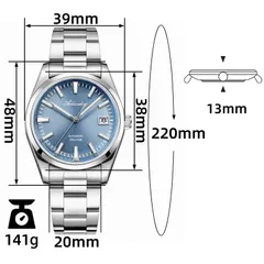 Addiesdive AD2077 dimension graphic (39mm, 38mm bezel, 48mm lug-to-lug, 13mm, 20mm, 141g)