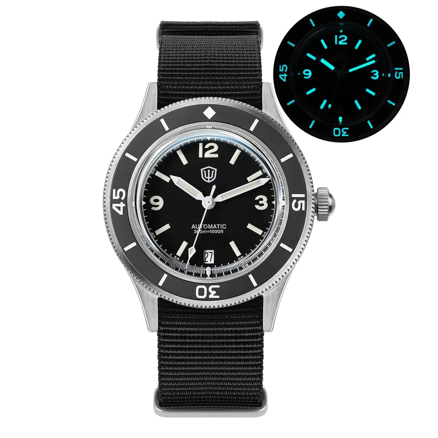 Watchdives WD50FS V3 with black dial, white numerals and date at 6 on a black nylon strap, with lume shot