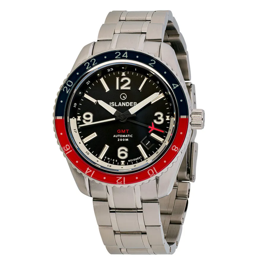 Islander Republic Swiss GMT with black dial and blue and red sapphire 24-hour bezel on steel bracelet