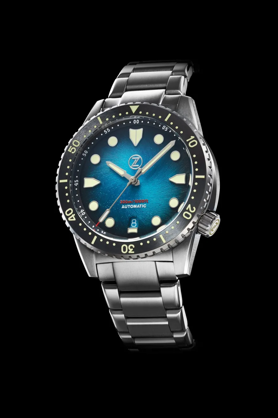Zelos Mako V3 300m Ti, teal fumé dial, black ceramic bezel, on titanium bracelet
