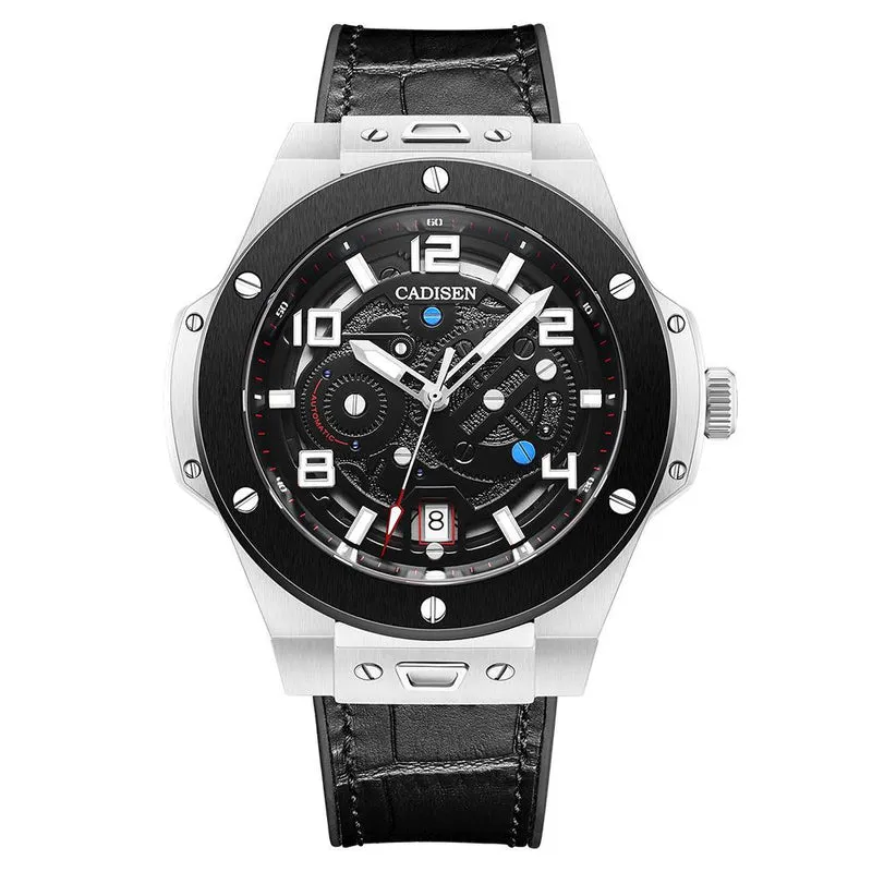 Cadisen C8186 sports automatic with black dial, large numerals and black screwed bezel in a steel case on a black strap