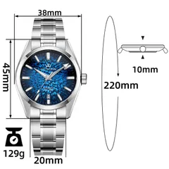 AddiesKIN K003 dimension graphic (38mm, 45mm lug-to-lug, 10mm, 20mm, 220mm, 129g)