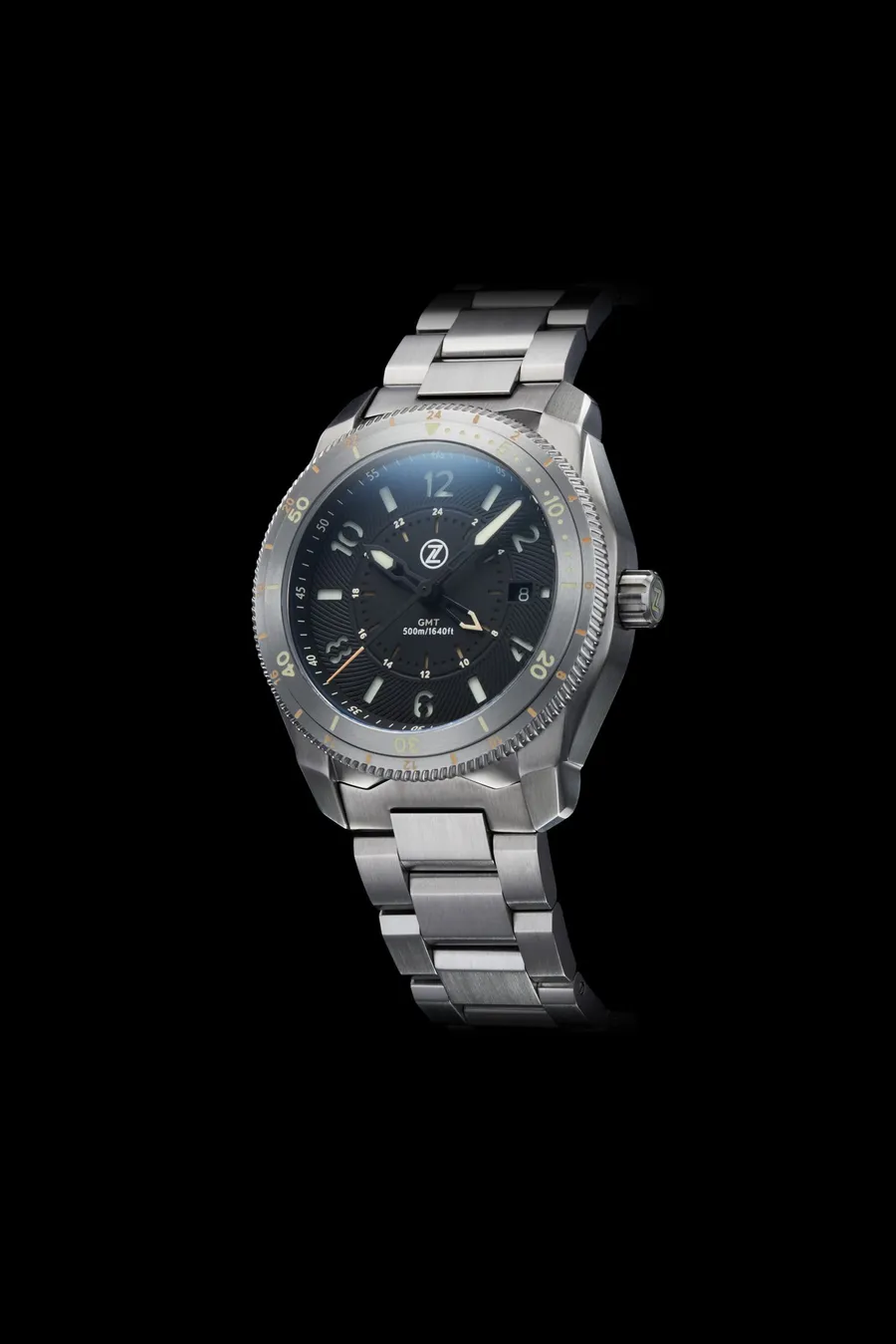 Zelos Thresher 500m GMT, black dial, lumed steel bezel, on steel bracelet