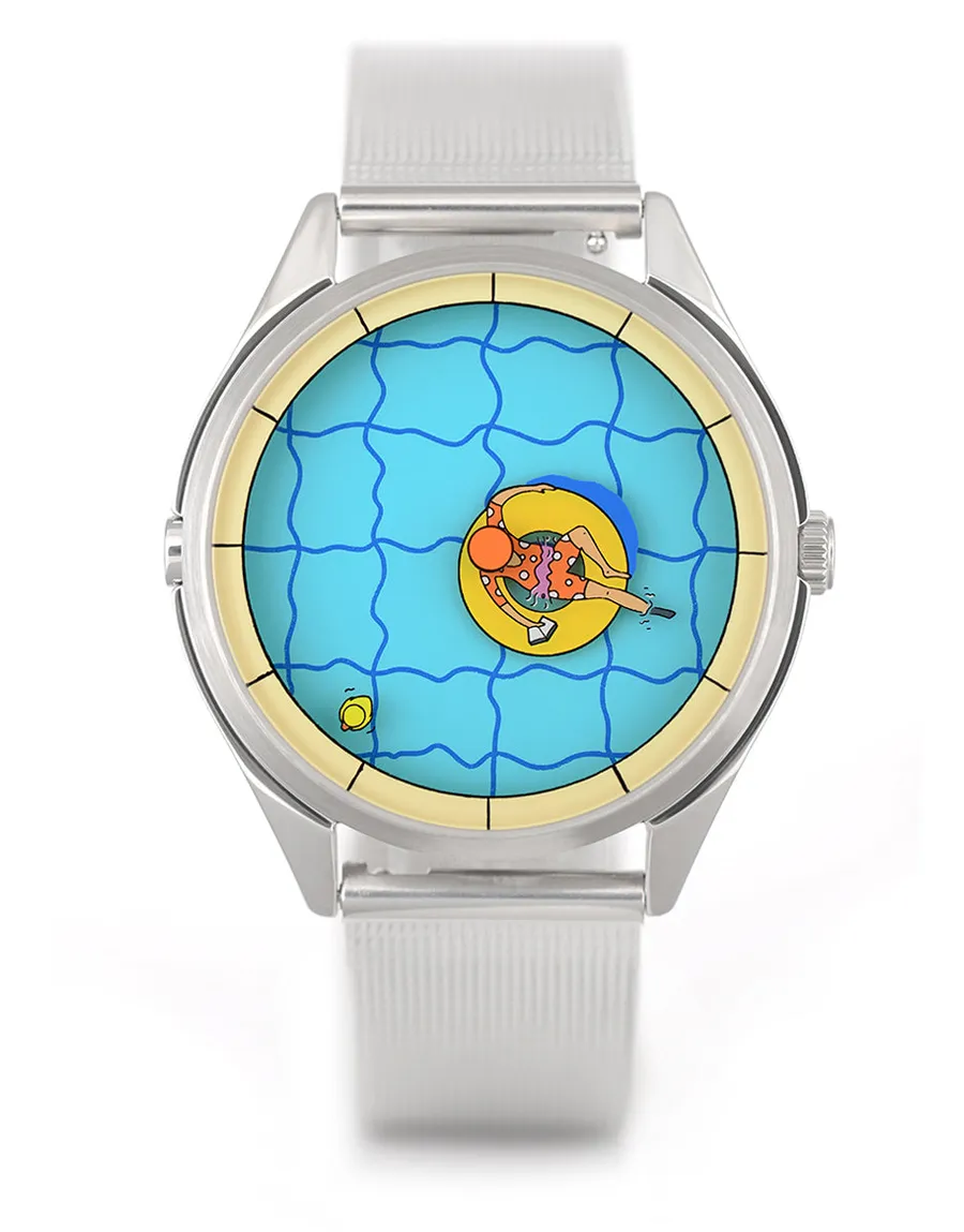Mr Jones A Perfectly Useless Afternoon 37mm, swimming-pool dial with a floating figure and rubber duck, on steel mesh, front view