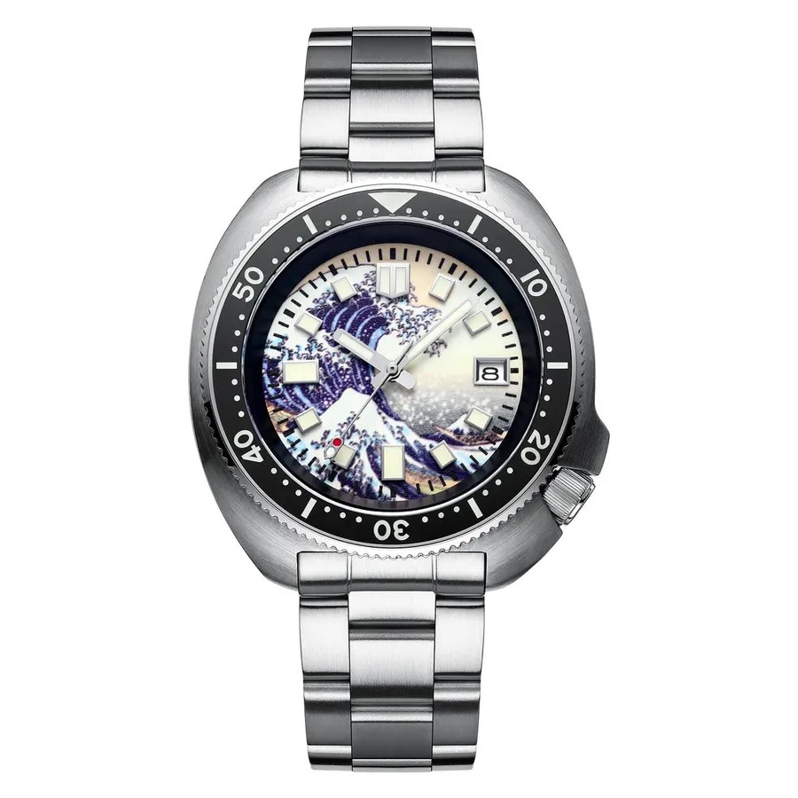 Addiesdive H8-Surf cushion-cased diver with a Great Wave print dial and black bezel on a three-link steel bracelet