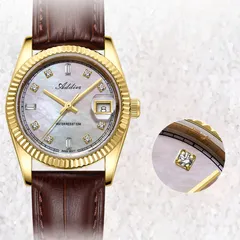 Addies AW25905 dial close-up with crystal-set markers, date at 3 and "Swiss Movt" print