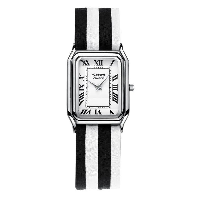 Cadisen C2026 rectangular watch with white dial and Roman numerals on a black-and-white striped canvas strap