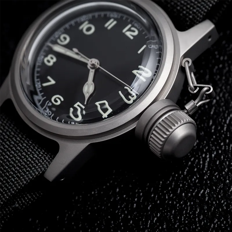 Thorn SHY030 sterile 36mm military watch in the stainless steel case with black dial on a black nylon strap