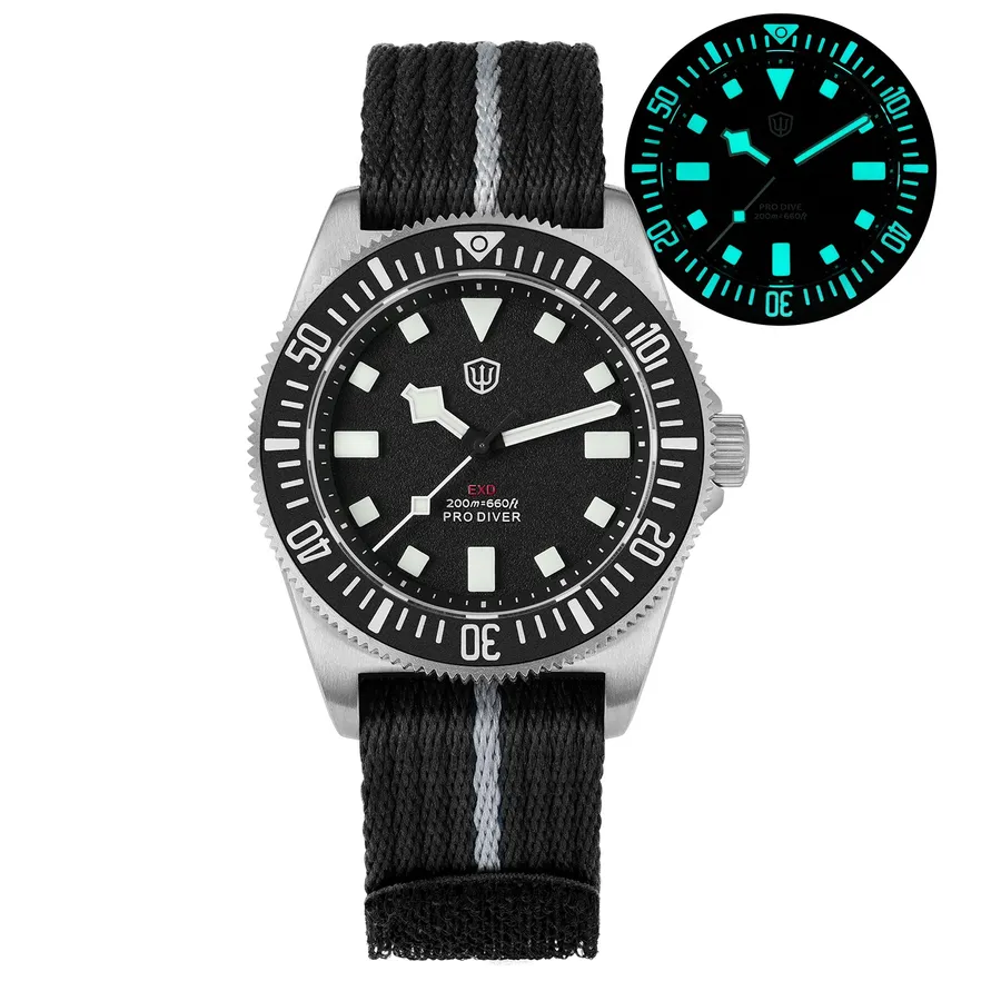 Watchdives EXD-38 titanium case with black dial and lumed black ceramic bezel on a striped strap