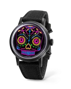 Undone Urban Calavera Neón chronograph with black-coated case and neon sugar-skull dial on a black Cordura strap