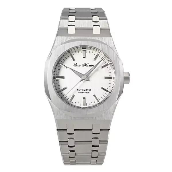San Martin SN013-G with octagonal bezel, silver dial with script text logo and integrated bracelet