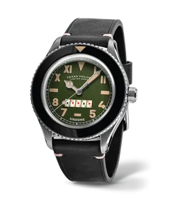 Undone Basecamp Texas Hold'em with green California dial carrying five playing cards and black bezel on a black leather strap