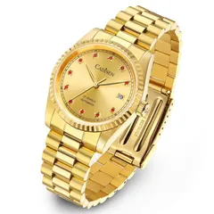 Cadisen C8223 with gold dial and red stone markers in a gold-tone case and bracelet