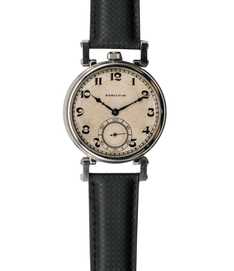 Bernhardt Manifest Conductor 7599, aged ivory Hamilton dial with small seconds, pivoting lugs, on black strap