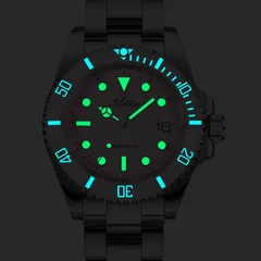 Addies AW25902 lume shot, dial markers and hands glowing green and bezel scale glowing blue
