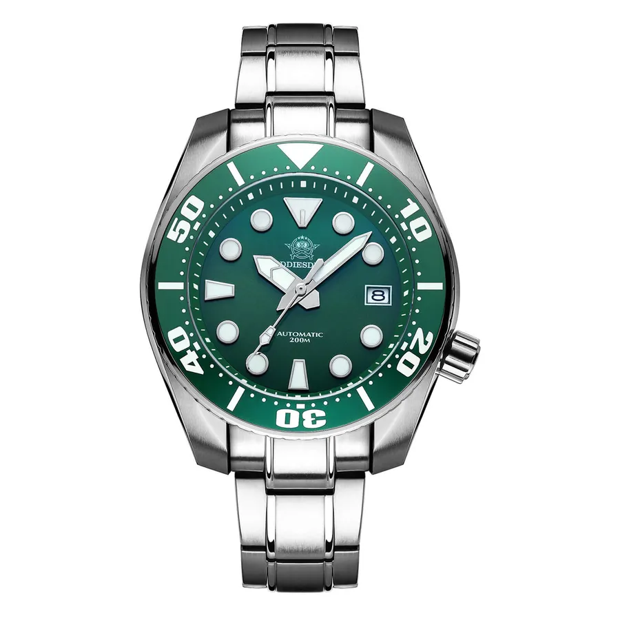 Addiesdive H10 with green dial and green ceramic bezel on a three-link steel bracelet