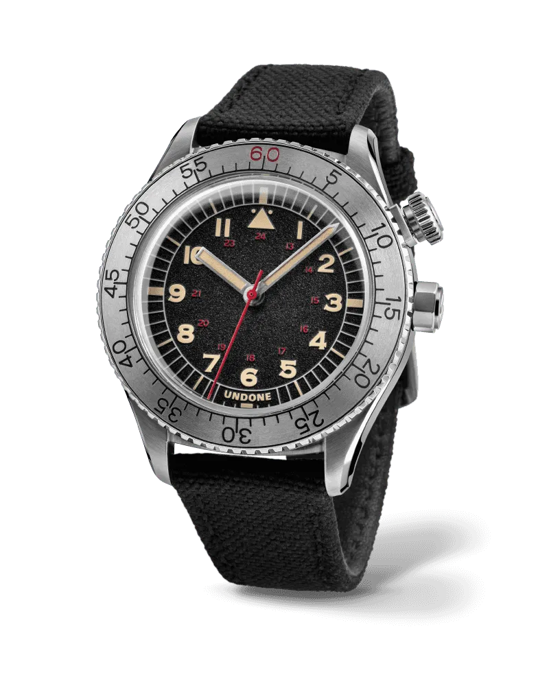 Undone Aero Commando with steel case, black dial and 60-second bezel on a black Cordura strap
