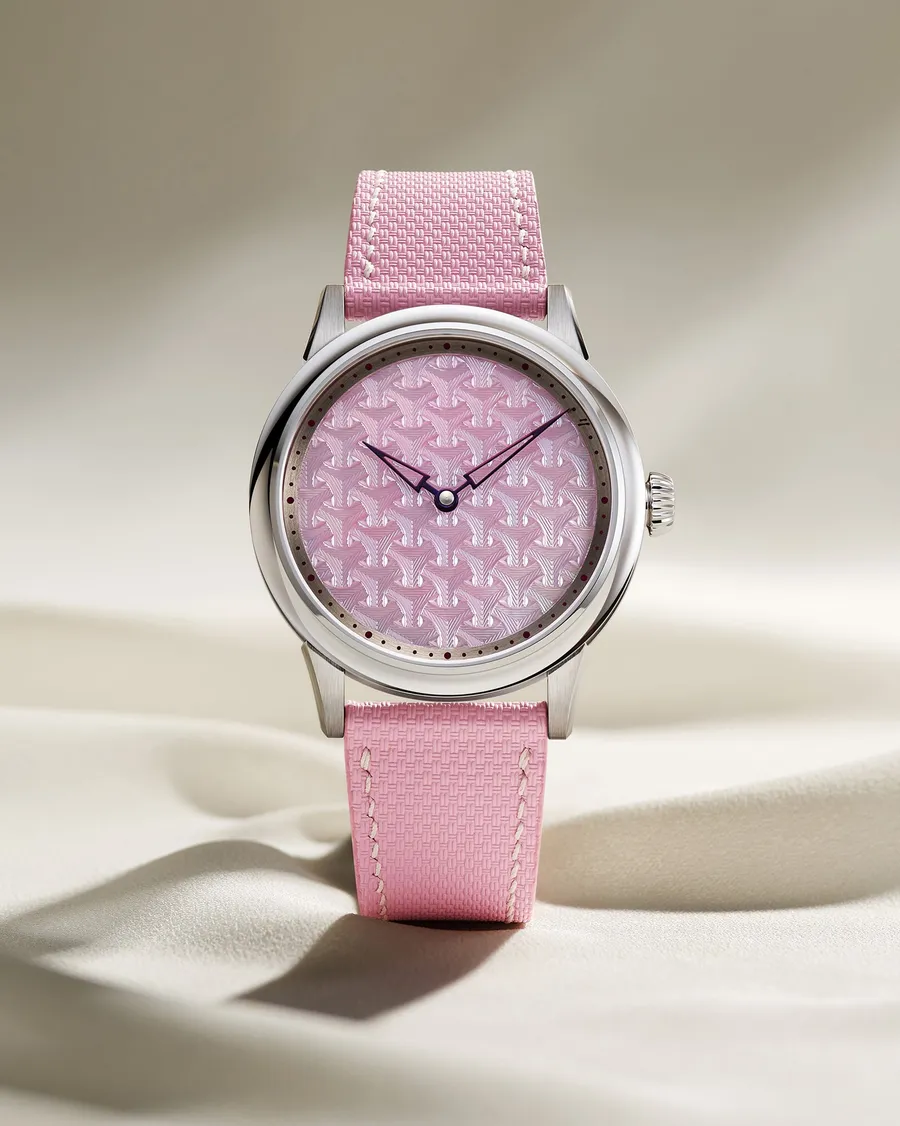 Selten Jui Bauhinia Pink, pink-tinted guilloche mother-of-pearl dial, on pink rubber strap