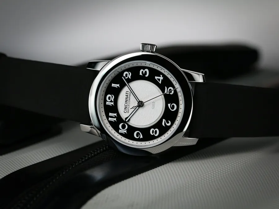 Cincinnati Watch Company Guild Mechanical, steel case, black and white layered dial with snow-pattern centre, on black strap