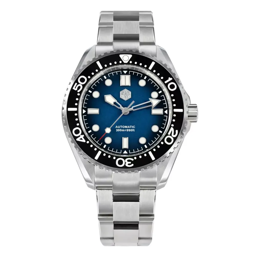 San Martin SN036-G-B diver with gradient blue dial and black ceramic bezel on steel bracelet