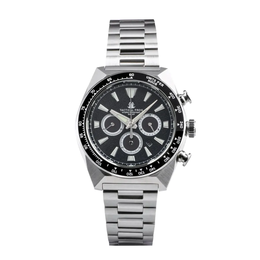Tactical Frog Solar VS75 Chronograph 43mm with black dial and black ceramic tachymeter bezel on steel bracelet