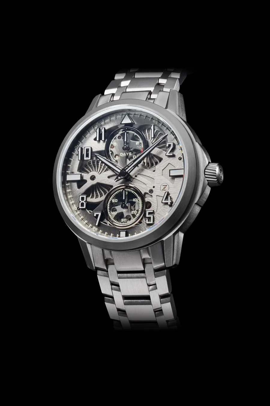 Zelos Mirage 8 Days Titanium Glacier, clear sapphire dial over a silver skeletonised 8-day movement, on titanium bracelet