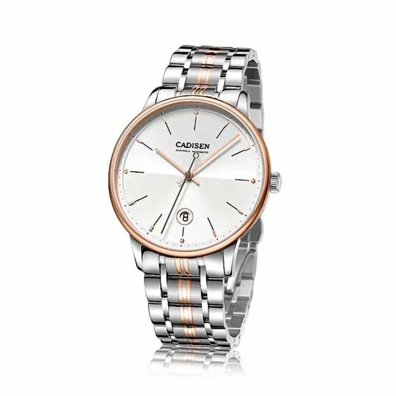 Cadisen C8166 automatic with two-tone white sunray dial, date at 6 and rose gold-tone bezel on a two-tone steel bracelet