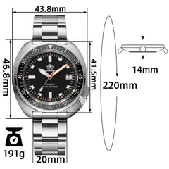 Addiesdive AD2081 dimension graphic (43.8mm, 46.8mm lug-to-lug, 41.5mm, 14mm, 20mm, 191g)