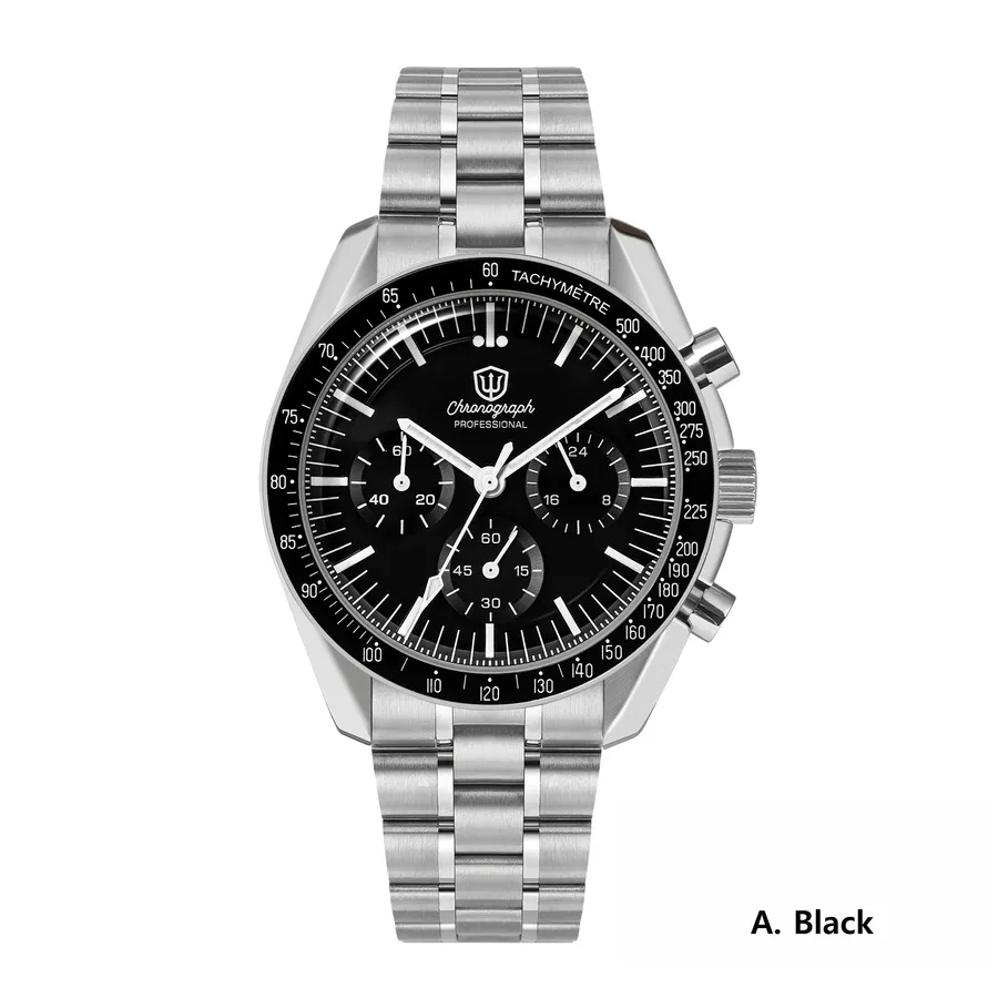 Watchdives WD1863 with black dial and black tachymeter bezel on the steel bracelet