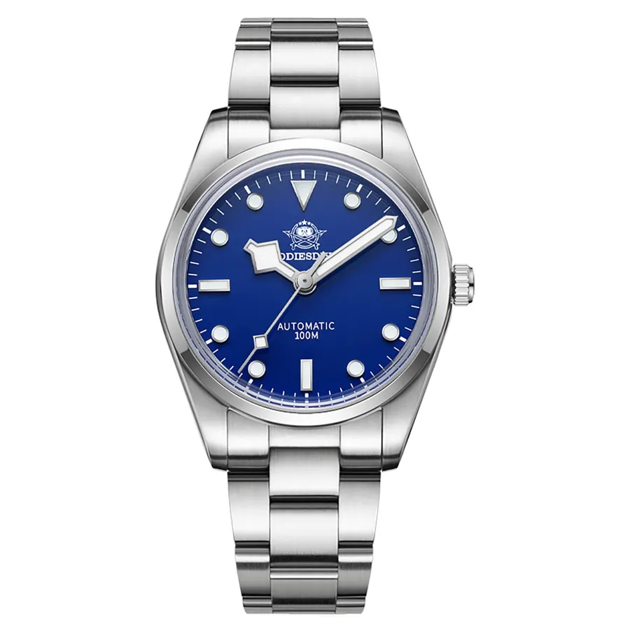 Addiesdive AD2113 with blue dial, snowflake-style hour hand and smooth bezel on a three-link bracelet