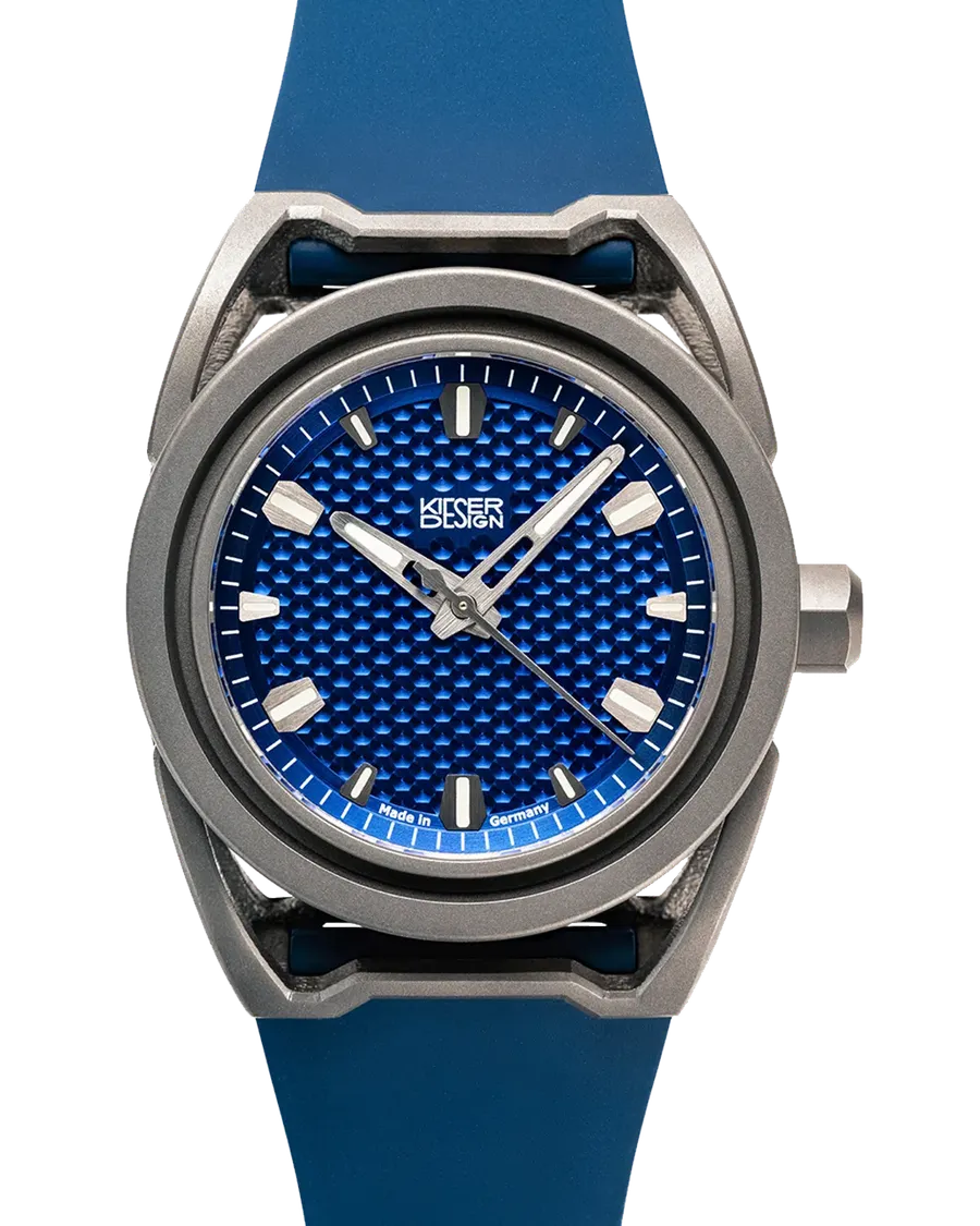 Kieser Design tragwerk2.0 Navy Blue with blue honeycomb titanium dial on blue rubber strap