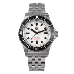 San Martin SN012-G with luminous white dial and black bezel on five-link bracelet