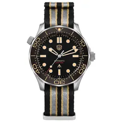 Watchdives WD007 V4 with vintage black no-date dial on striped nylon strap
