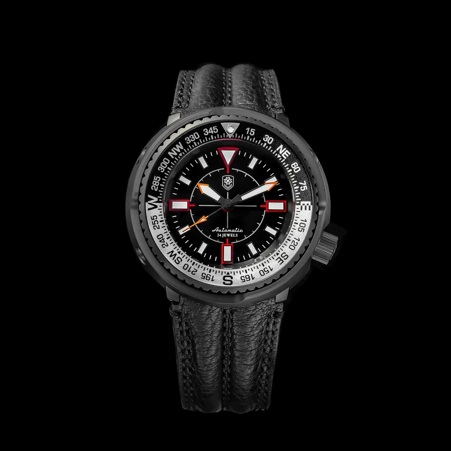 Thorn T015 black titanium shrouded diver with black dial, red-framed markers and two-tone compass bezel on a black leather strap