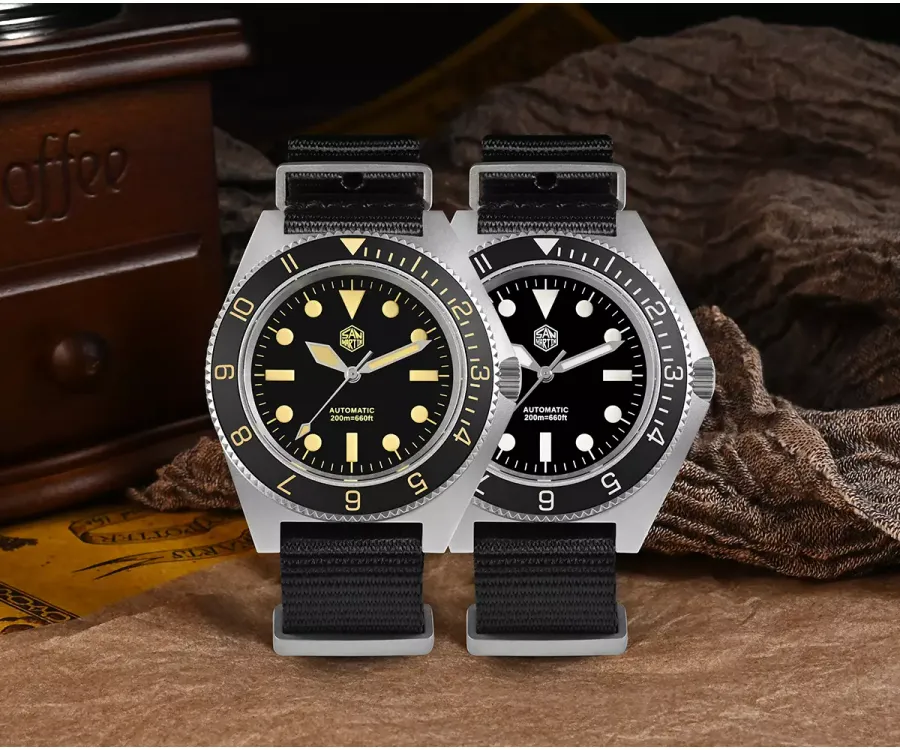 San Martin SN0123-G with black dials, retro yellow and white markers, on black nylon straps