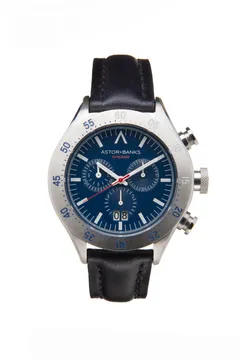 Astor+Banks Chrono Bleu, blue dial, brushed steel bezel, on black leather strap